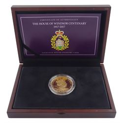Queen Elizabeth II Isle of Man 2017 'The House of Windsor Centenary' 22ct gold five pound piedfort proof coin, cased  with certificate