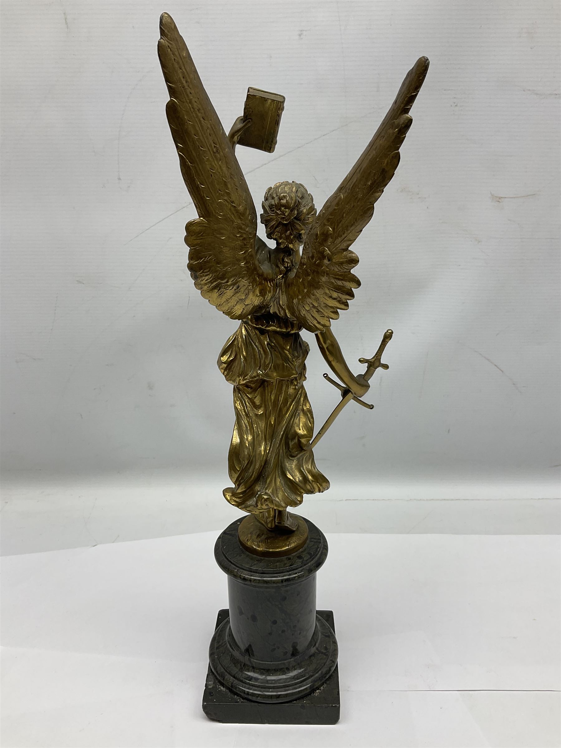 After Oswald Schimmelpfennig (German, 1872-1939): Pair of gilt bronze winged Allegorical female figures, the first example with arm outstretched holding a branch, signed 'Schimmelpfennig 1900', the second with arm raised above her head holding a book and sword in the other, both raised upon marble plinths, H45cm