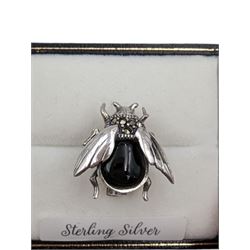 Silver black onyx bug brooch, stamped 925, boxed 
