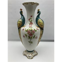 Large modern Italian vase, the baluster form body painted with flowers with twin handles modelled as peacocks, H52cm