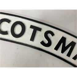 Cast iron Flying Scotsman arched type railway sign, L89cm THIS LOT IS TO BE COLLECTED BY APPOINTMENT FROM DUGGLEBY STORAGE, GREAT HILL, EASTFIELD, SCARBOROUGH, YO11 3TX