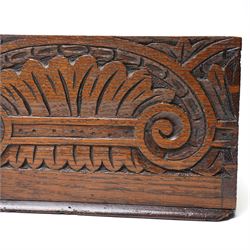 18th century oak desk box with plain hinged lid, the sides and front carved with stylised leaves and scrolls 40cm x 24cm x 14cm