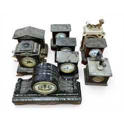 Six slate mantle clocks, another similar, one onyx, and a Blick Universal time recorder, a...