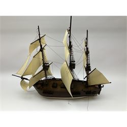 Late 19th, early 20th century, scratch built model of a three masted sailing ship with rigging, H50cm 