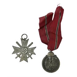 WW2 German Eastern Front Medal awarded to those who served on the German Eastern/Russian Front during the Winter Campaign period of 15th November 1941 to 15th April 1942 with original ribbon; and German War Merit Cross with swords 2nd Class (2)