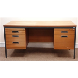  Mid 20th century teak desk, grey metal frame, one slide and six drawers, W151cm, H72cm, D76cm  