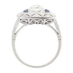 Platinum milgrain set diamond and sapphire ring, the principal old cut diamond of 0.53 carat, with pierced design, single cut diamond and calibre cut sapphire surround, stamped Plat, total sapphire weight 0.30 carat 