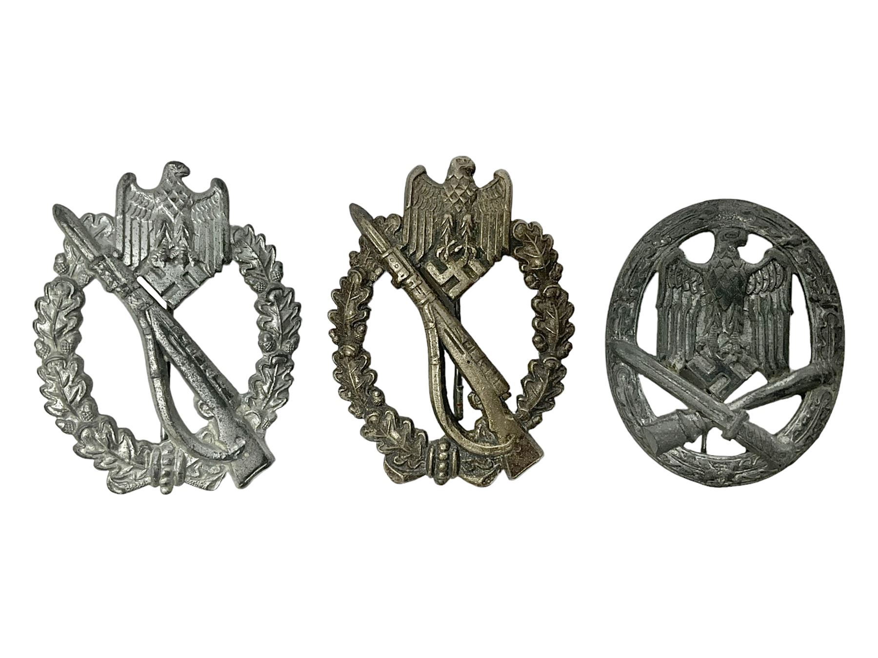 WW2 German 'silver' Infantry Assault badge marked BSW verso; another Infantry Assault badge; and a silvered General Assault badge (3)