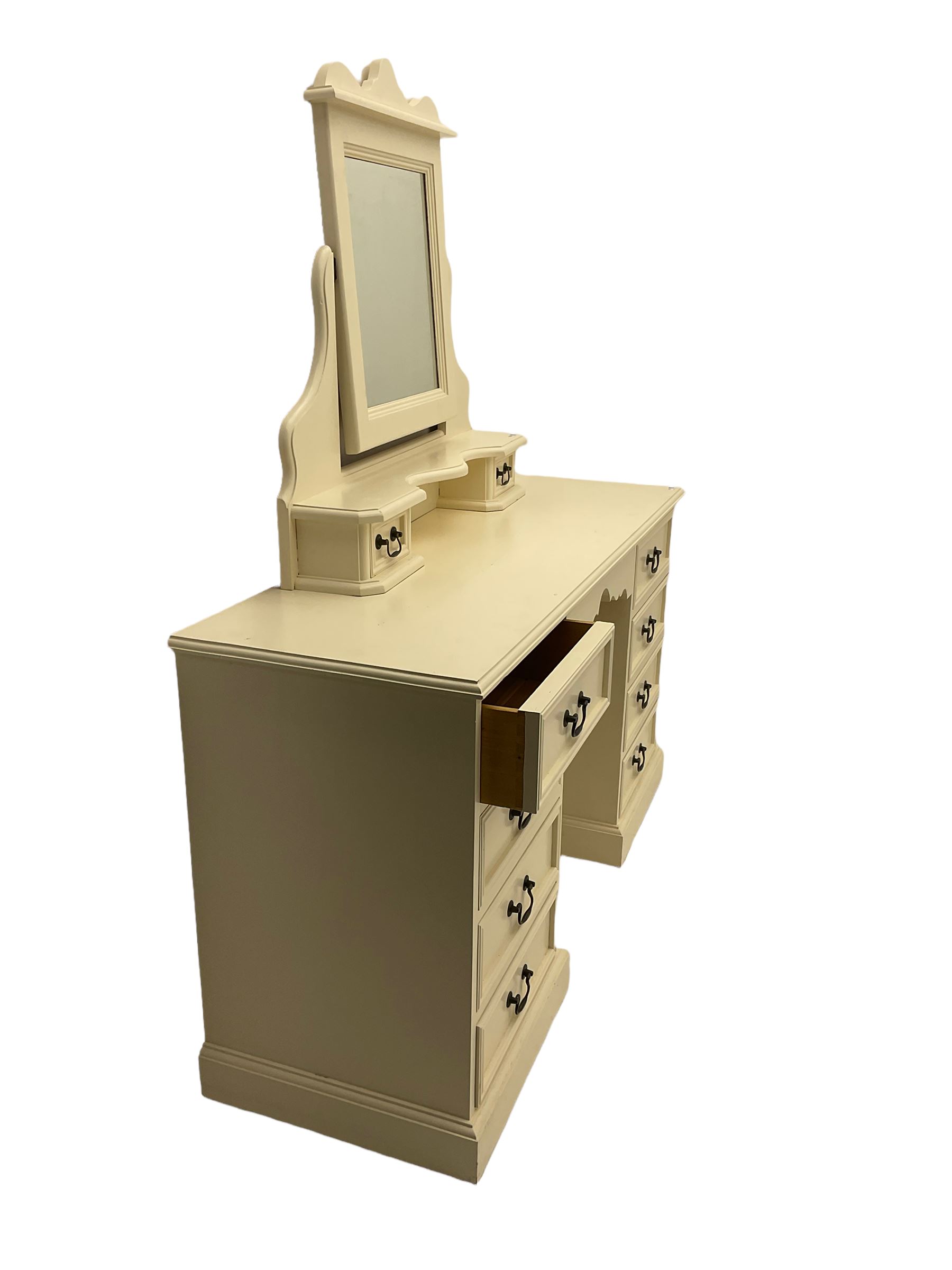 Painted pine twin pedestal dressing table, fitted with eight drawers