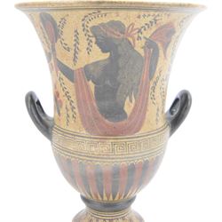20th century Grecian urn, with twin handles and fluted rim, marked beneath 'Copy 520 BC' handmade in Greece, H31cm