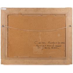 Gordon Radford (British 1936-2015): 'Figures and Beached Vessels on a Sandy Stretch', oil on board signed, titled verso 45cm x 60cm