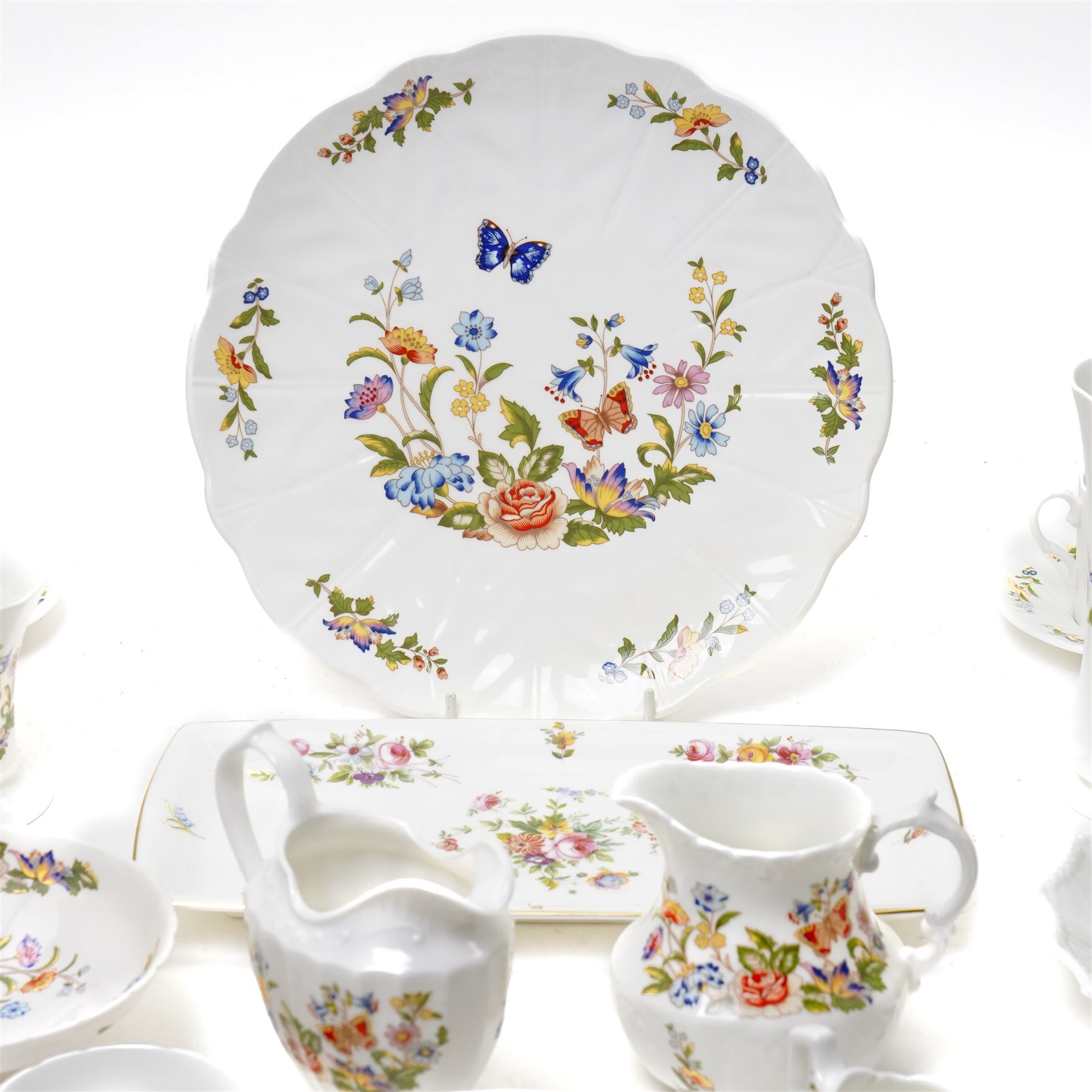 Aynsley Cottage Garden tea set comprising thirteen cups and saucers, eleven plates, bread and butter plate and milk jug, together with six coffee cans and saucers, cream jug and sugar bowl and four other Cottage Garden pieces
