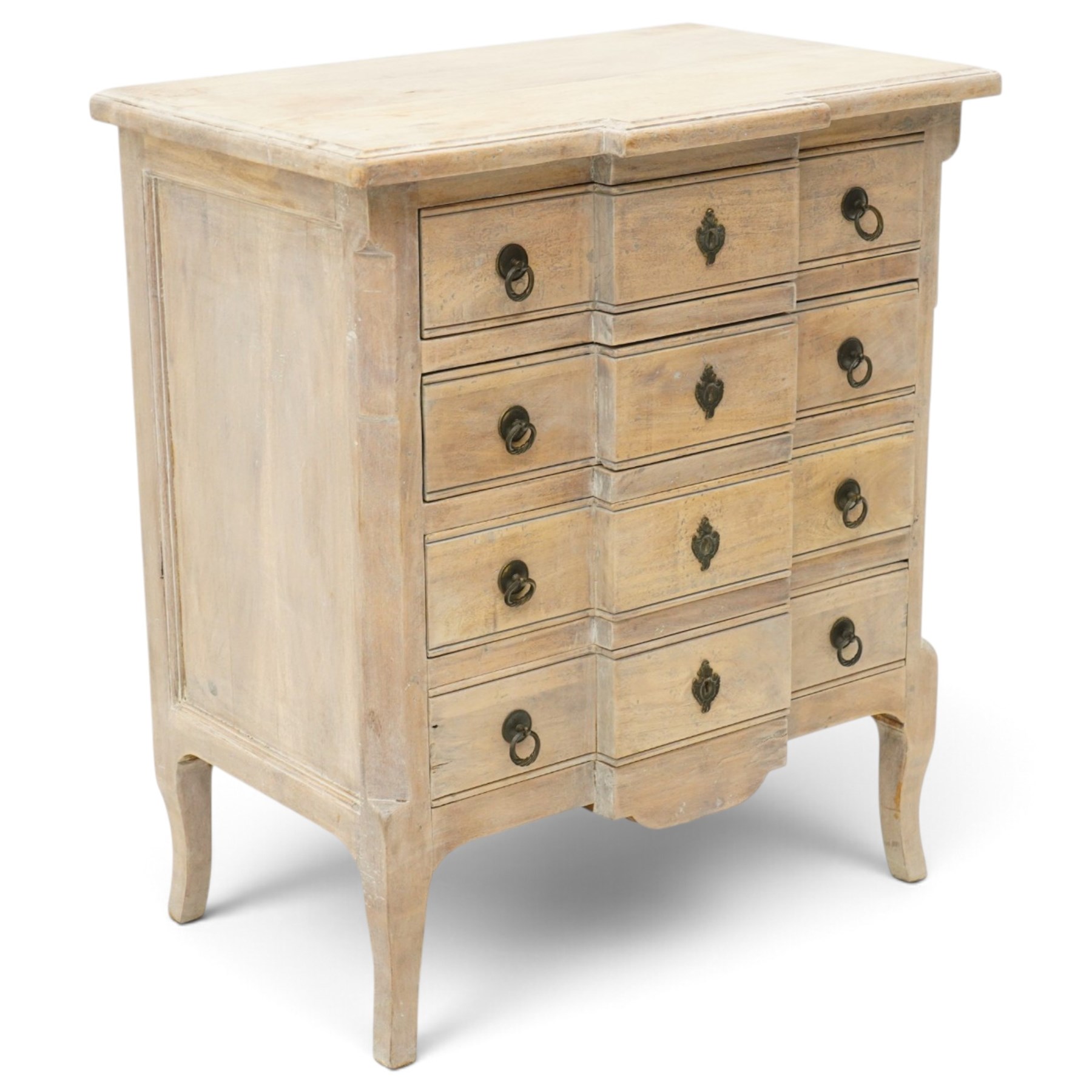 ML DS OKA - French design chest of drawers with limed oak finish, moulded breakfront top over four long drawers with metal ring handles and decorative escutcheons, panelled sides and shaped apron, on cabriole supports