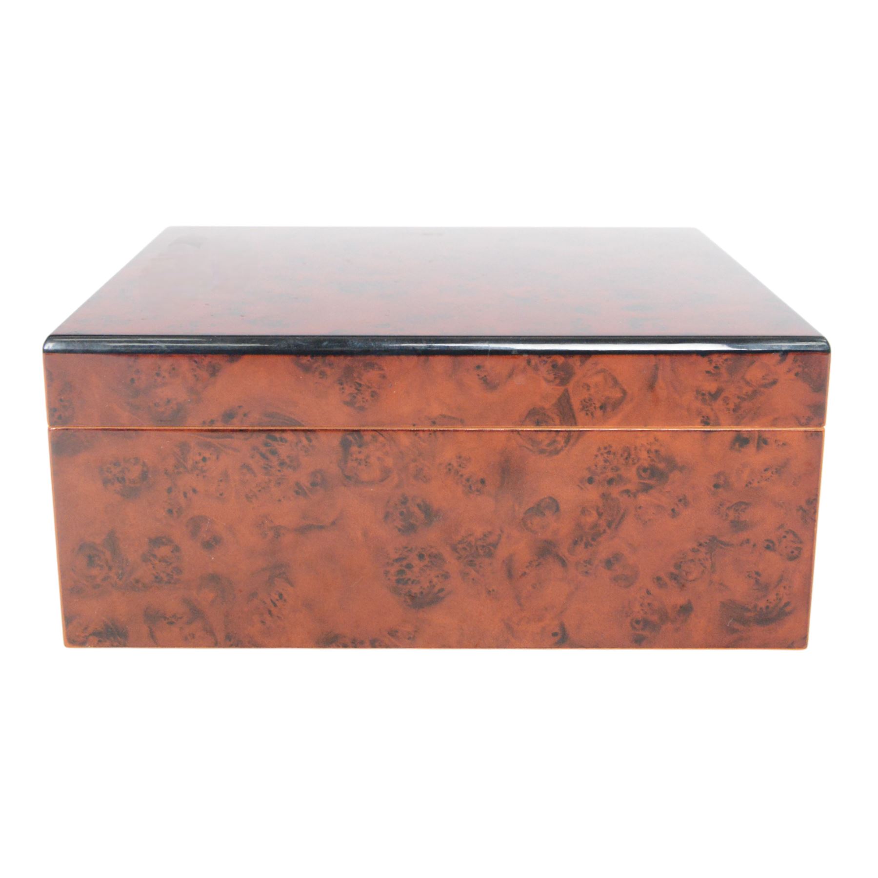 Birdseye maple humidor, together with watch organiser, the hinged lid opening to ten cushioned sections, with draw beneath  