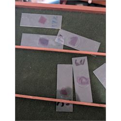 Victorian collector's specimen cabinet, containing a number of prepared microscope slides including miniature photographs, animal and human pathological, physiological and histological specimens and botanical specimens, mostly annotated in ink, the cabinet with glazed door, the drawers with bone handles and lined with green felt, owned by Dr Arthur Bristow, together with a picture of the doctor, cabinet H43cm