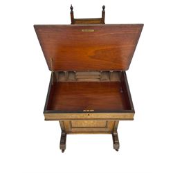 Victorian inlaid walnut Davenport, raised back fitted with bevelled mirror and small drawers, sloped top with leather inset, fitted with four drawers (W56cm, H112cm, D54cn); and an Edwardian inlaid mahogany side chair