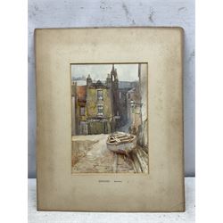 Charles William Adderton (British 1866-1944): 'Sandside Scarborough', watercolour signed with monogram and dated 1894, 25cm x 17.5cm (unframed)
Provenance: direct from the family of the artist Harry Wanless 1872-1934, part of a collection never previously seen on the market
Notes: Adderton was a friend of the brothers Harry and Charles Wanless, all of whom studied under Albert Strange at the Scarborough School of Art School. Adderton had a studio at 55 Sandside, Scarborough between 1894 and 1901, he moved to Ockbrook Derby and later to Robin Hoods Bay where he was a member of the Fylingdales Group of Artists