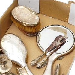 Quantity of silver items including brushes, mirror, pair of candlesticks, ring box etc