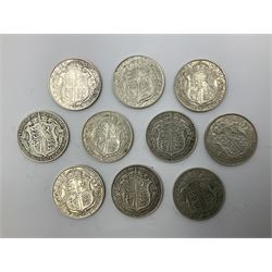 Ten King George V 1914 silver half crown coins