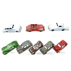 Timpo Toys - twelve unboxed and playworn die-cast models including Packard; racing car; taxi; caravan; two open-top sports cars etc; and two Timpo friction-drive plastic cars (14)