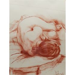 David Fisher (British 1963-): Sleeping Nude, sanguine signed and dated '98, 63cm x 47cm