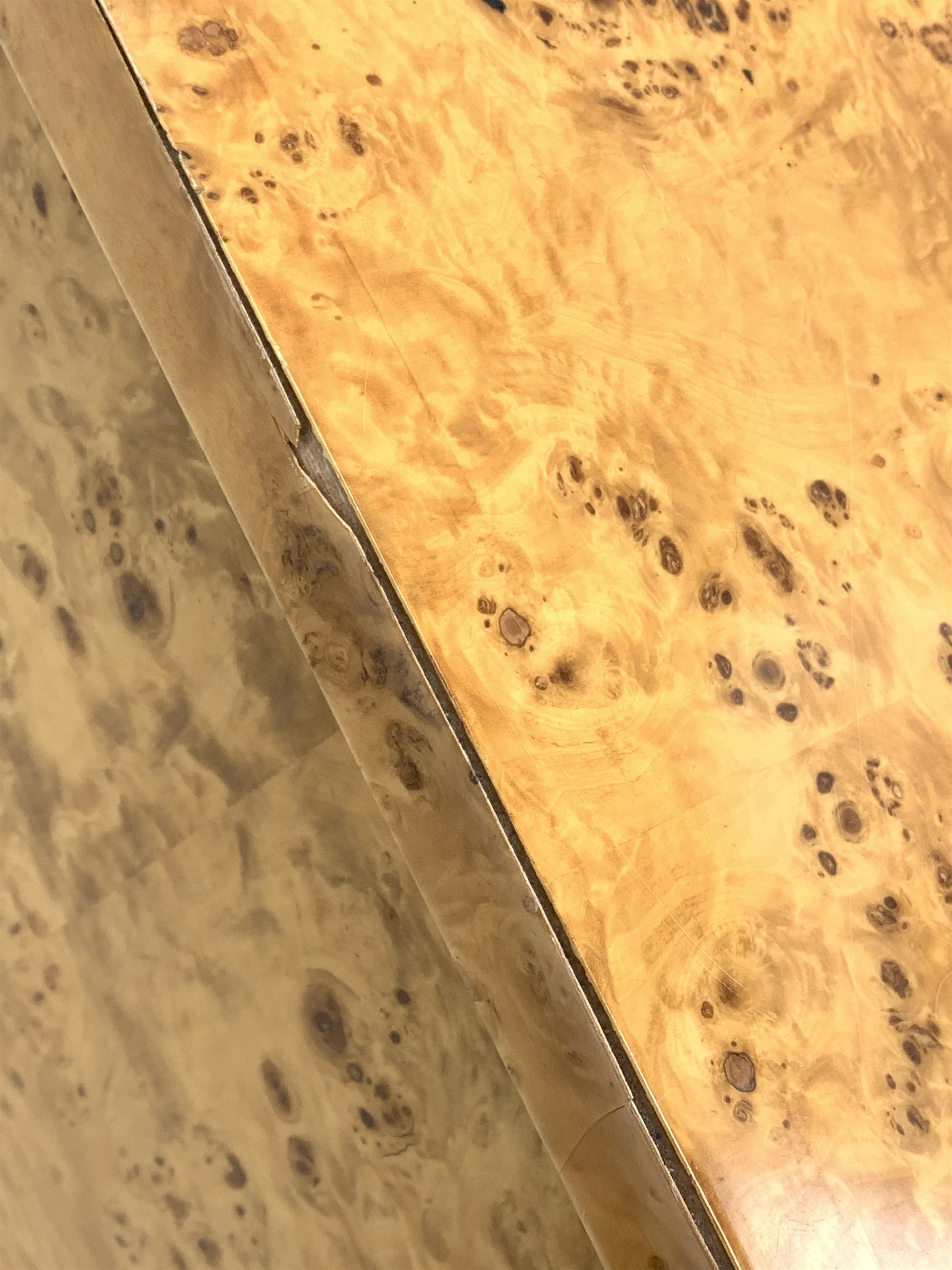 Pair Art Deco style figured maple bow front bedside cabinets, two drawers fitted with polished metal handles, W50cm, H54cm, D49cm