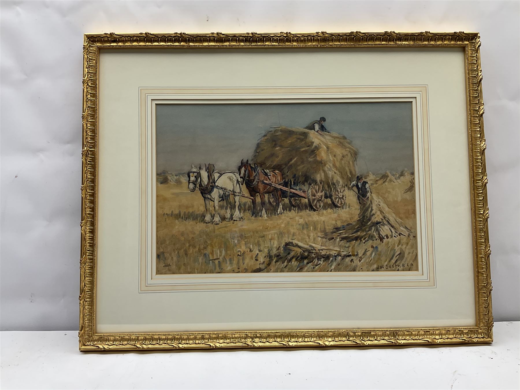 James William Booth (Staithes Group 1867-1953): Haymaking, watercolour signed 29cm x 45cm