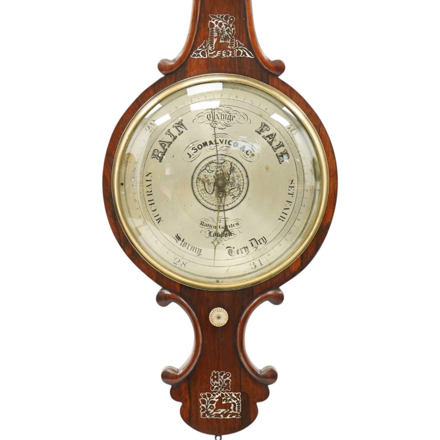 J. Somalvico & Co., Hatton Garden, London - early 19th century rosewood wheel barometer, the shaped banjo-form case inlaid in mother-of-pearl with foliate and animal motifs, incorporating a mercury thermometer above the circular silvered dial with weather indications, globe motif and brass bezel, signed 'J. Somalvico & Co.'