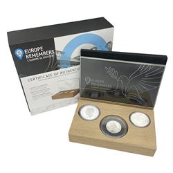 Royal Dutch Mint 'Europe Remembers' silver three coin set, comprised of Royal Canadian Mint 2020 one dollar '75th Anniversary of V-E Day', The Royal Mint 2020 one pound '75th Anniversary of VE Day' and Royal Dutch Mint 2020 five euros '75 Years of Freedom', cased with certificate