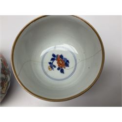 19th century and later Chinese ceramics, to include footed bowl, with hand painted floral and foliate decoration, with pierced lattice work border, upon three bracket feet, together with Chinese export porcelain rice bowl and cover, decorated in enamel with cockerels, against floral and foliate ground, three floral tea bowls and similar plate, largest D17.8cm