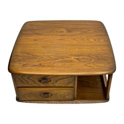 Lucian Ercolani for Ercol - elm 'Pandora's Box' coffee table, square top with rounded corners over two drawers with sculpted recessed pulls, open sides supporting undertier, on castors 