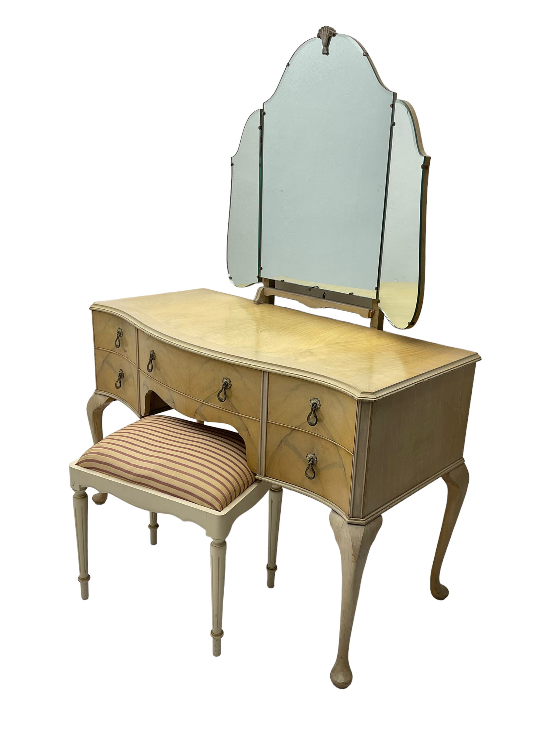 F Wrighton & Sons Ltd -  French style painted serpentine dressing table, with triple mirror back, on cabriole supports (106cm x 55cm x 135cm), and F Wrighton & Sons Ltd - French style narrow double wardrobe (92cm x 54cm x 187cm)