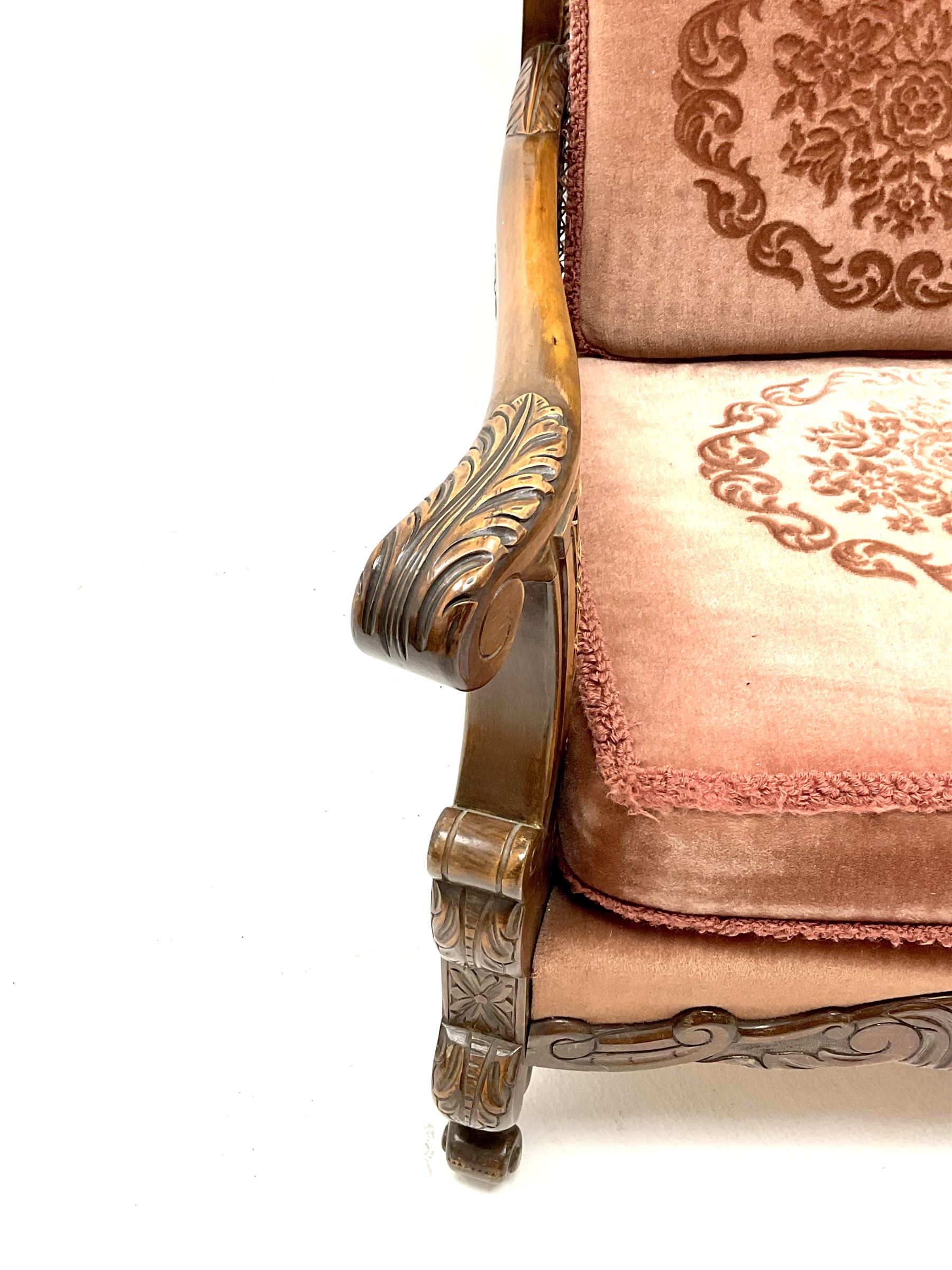 Early 20th century bergere armchair, double cane work sides, acanthus carved scrolling arms and supports 