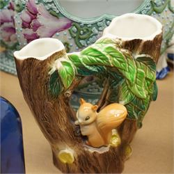 Pair of Staffordshire spaniel ornaments, Red Riding Hood spill vase, pair of Japanese vases and other items in two boxes