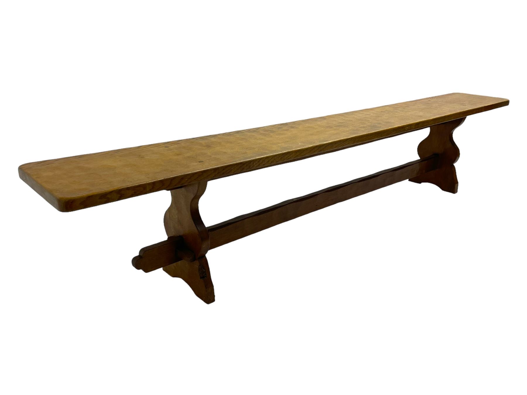 Gnomeman - adzed oak narrow bench, rectangular seat on shaped end supports united by pegged stretcher, carved with gnome signature, by Thomas Whittaker, Little Beck 