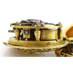 18th century 18ct gold fusee lever full hunter repousse pocket watch with later 19th century modifications to the movement, the 18th century case depicting figures in front of a tree with sheep in the background and enamelled leaf surround, the reverse depicting a classical scene with figures and horses, the side with enamelled bird and foliate decoration, 18th century polychrome dial with gilt hour hand, Roman numerals and quarter hour markers.