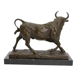 Bronze figure, modelled as a prancing bull, signed Milo, upon a marble rectangle base, base W36cm 