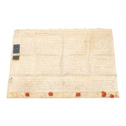 York suburbs interest - extensive collection of 18th century and later vellum indentures, wills, probate documents and property papers charting property ownership and local families in Acomb, Huntington, Earswick, Bishopthorpe, The Mount, Heworth, Heslington and other York suburbs and villages, including documents relating to tradespeople, innkeepers, farmers and householders, many retaining original wax seals, revenue stamps and probate seals, in one box