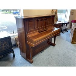 Bluthner of Leipzig - Early 20th century overstrung upright piano, serial number 79496 (1910), in a mahogany case with three front case panels and folding music desk, with 85 keys (seven octaves) underdamper action, original hammers, stringing, tuning pins, dampers and felts, with sostenuto and sustain pedals. Julius Bluthner was considered to be one of the the best makers of German upright pianos in the early 20th century both for tone quality and build. 

This item has been registered for sale under Section 10 of the APHA Ivory Act.