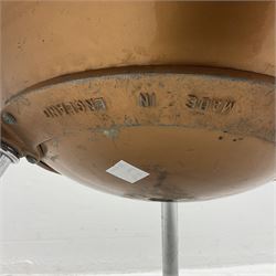 Timpani drum with coppered finish to the bowl, marked 'BS 3499' underneath, three adjustable tubular legs and Premier head D67cm