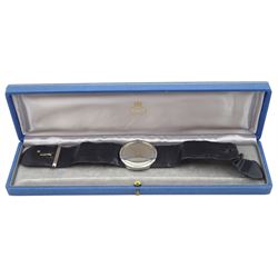 Georg Jensen ladies stainless steel manual wind wristwatch, designed by Vivianna Torun Bülow-Hübe, mirrored face, back case No. 00304, on leather strap, with original silver buckle