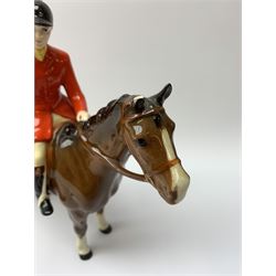 A Beswick equestrian figure modelled as a huntsman on bay horse, with printed mark beneath, together with a Beswick Norman Thelwell figure of a pony and rider, with printed mark beneath  
