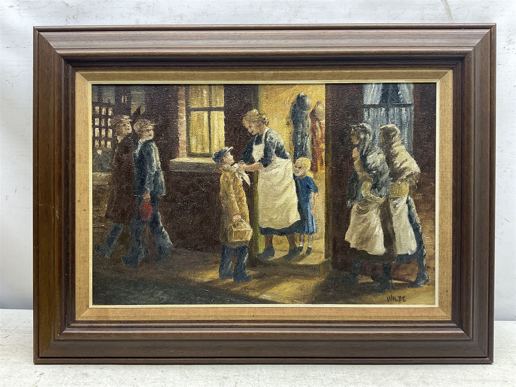 Fred Wilde (Northern British 1910-1986): Mother Sending her Son to Work, oil on canvas signed 31cm x 49cm 