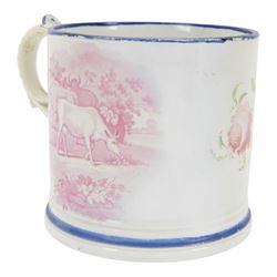 19th century frog and newt cup, decorated with a house in a landscape and cows, featuring a frog and newt inside the cup, together with three other frog cups 