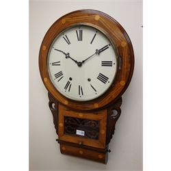  Victorian American drop dial wall clock, inlaid case with painted Roman dial and twin train movement, H74cm  