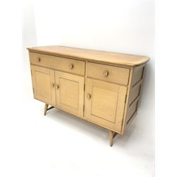 Ercol elm sideboard, one long and one short drawers above two drawers, turned supports