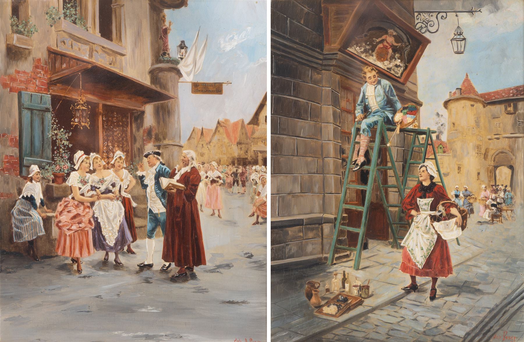 Continental School (20th Century): The Painter of Signs and Dutch Girls, pair overpainted prints on panel indistinctly signed 28cm x 20cm (2)