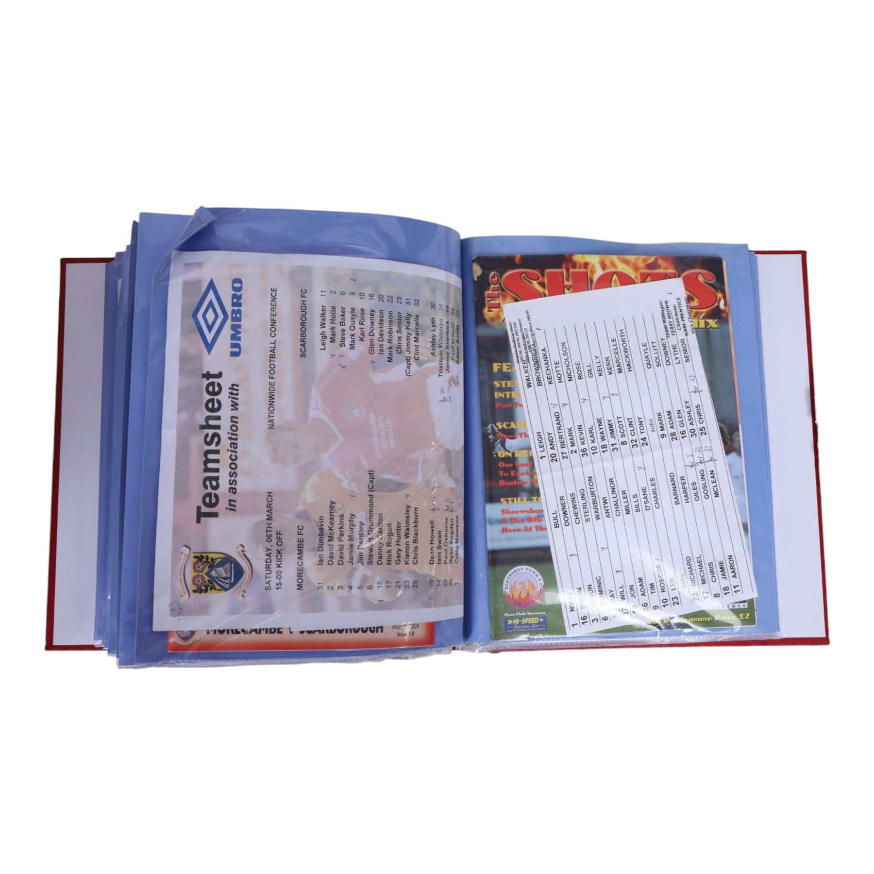 Comprehensive collection of approximately two hundred and thirty Scarborough FC football programmes for the 2003/04, 2004/05, 2005/06 and 2006/07 seasons, all filed within eight dedicated Scarborough FC red Home and Away binders
