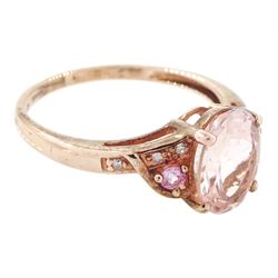 9ct rose gold morganite, pink sapphire and diamond ring, single oval cut morganite, with diamond and pink sapphire set shoulders, hallmarked