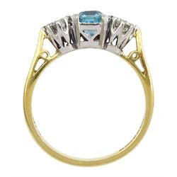 18ct gold three stone blue zircon and round brilliant cut diamond ring, hallmarked, total diamond weight approx 0.40 carat